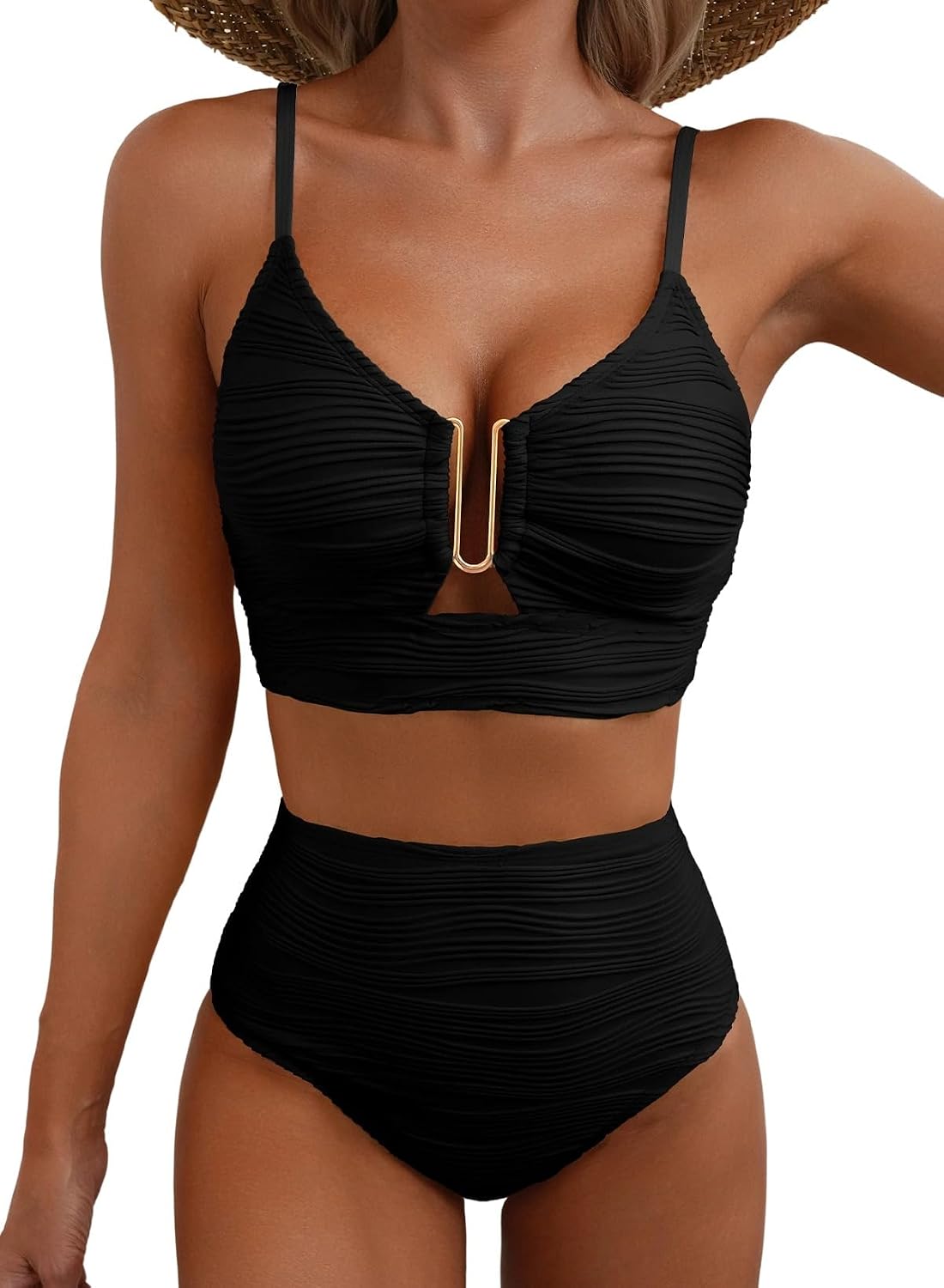 Women's Textured Bikini Set - U Wire Top with Adjustable Straps and High Rise Cutout Bottoms for Pool Days - Small