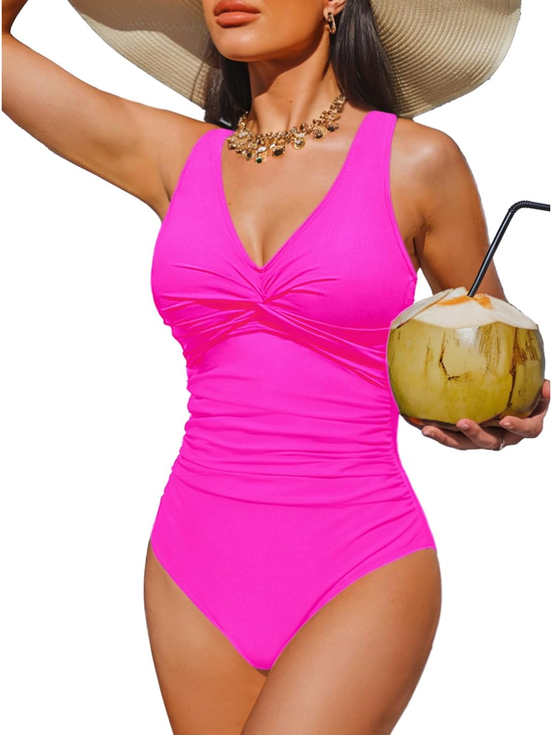 Women's Tummy Control One Piece Swimsuit - V-Neck Twist Front, Removable Pads and Full Coverage for Pool Days - Small (1