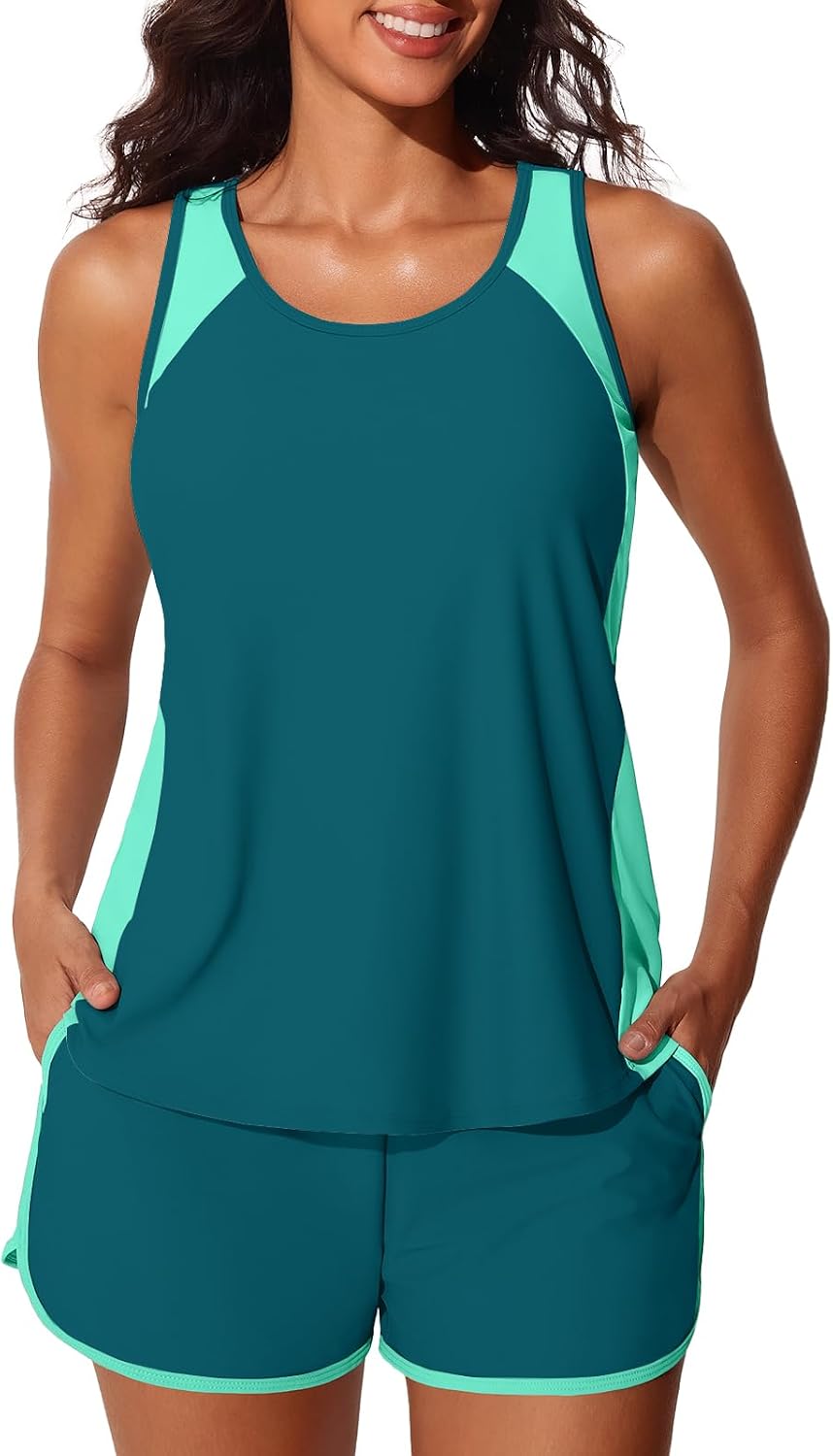 Women's Blouson Tankini Swimsuit - Tummy Control Top with Removable Pads and Swim Shorts with Pockets - Green Shadowa