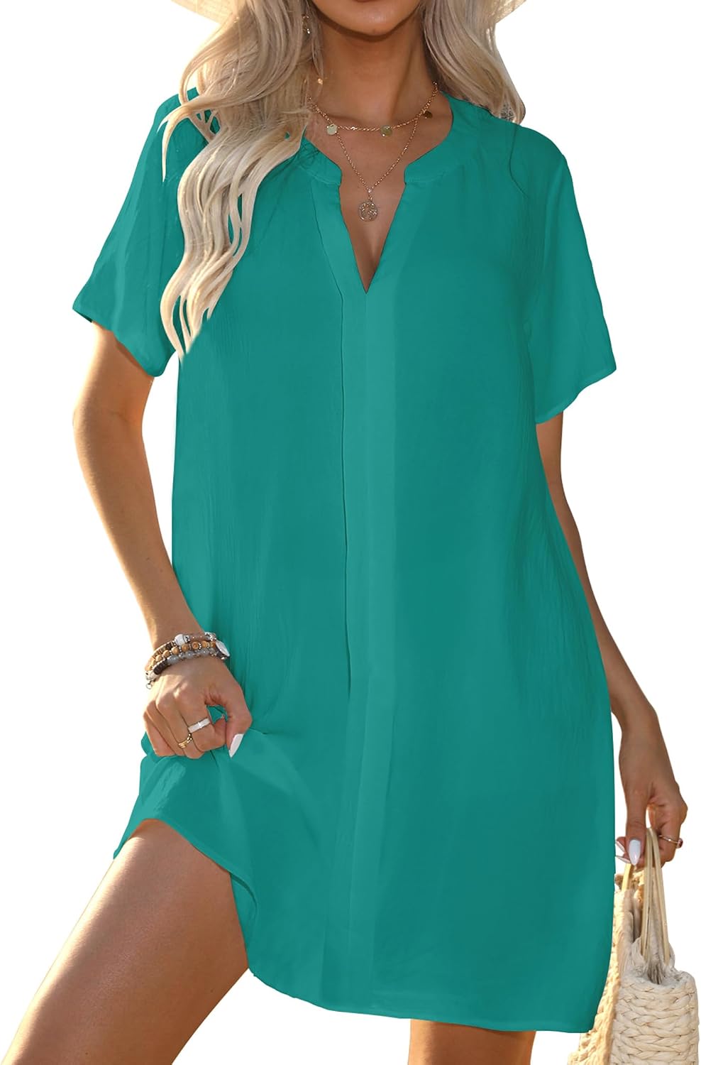 Women's Flowy V-Neck Beach Cover-Up - Short Sleeve, Lightweight and Breathable for Resort and Vacation Wear - Medium