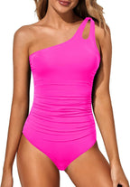 Women's One Shoulder One Piece Swimsuit - Keyhole Front, Ruched Tummy Control and Removable Soft Cups - Pink (25)