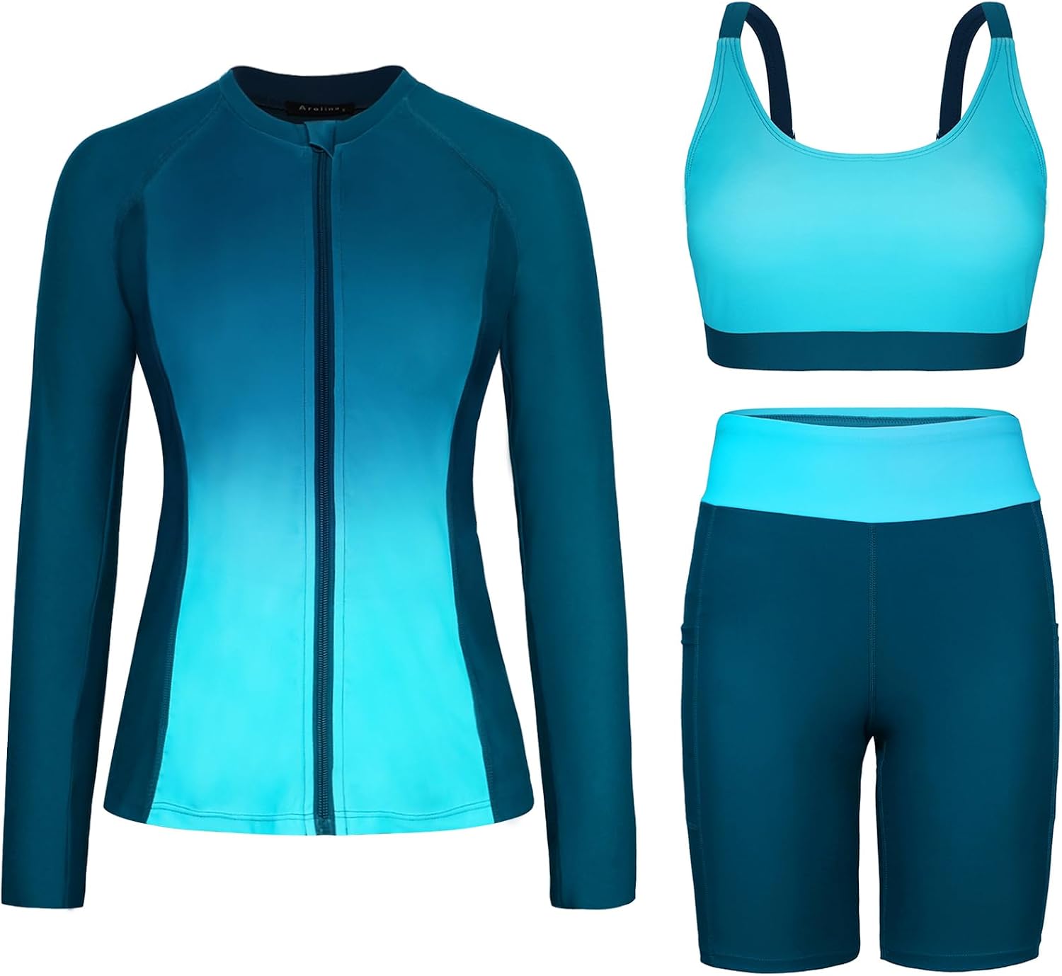 Women's Long Sleeve Rash Guard Set - Swim Shirt with Matching Shorts and Two Pockets for Beach and Pool - Black Flowers 