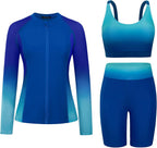 Women's Long Sleeve Rash Guard Set - Swim Shirt with Matching Shorts and Two Pockets for Beach and Pool - Black Flowers