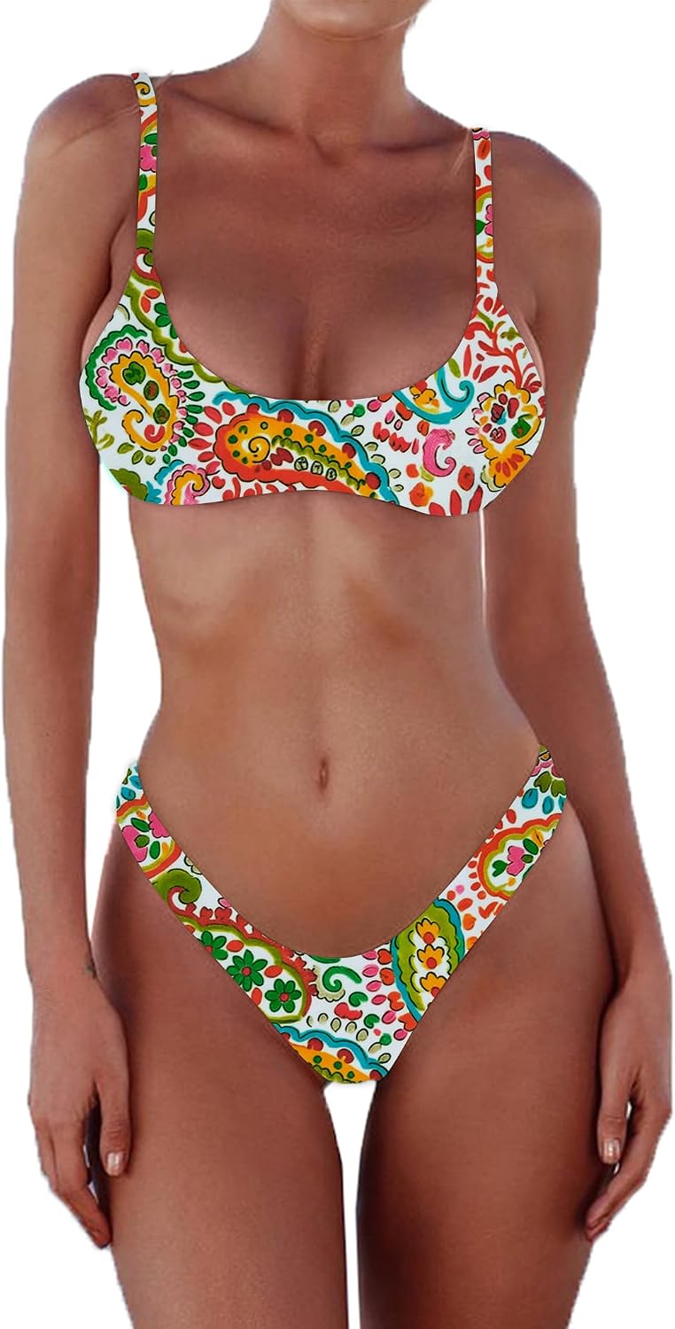 Women's Scoop Neck Bikini Set - Push Up Padded Top with Brazilian Thong Bottoms in Solids and Prints - Blue Flower