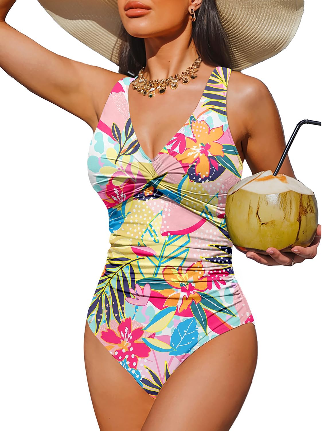 Women's Tummy Control One Piece Swimsuit - V-Neck Twist Front, Removable Pads and Full Coverage for Pool Days - Small (1