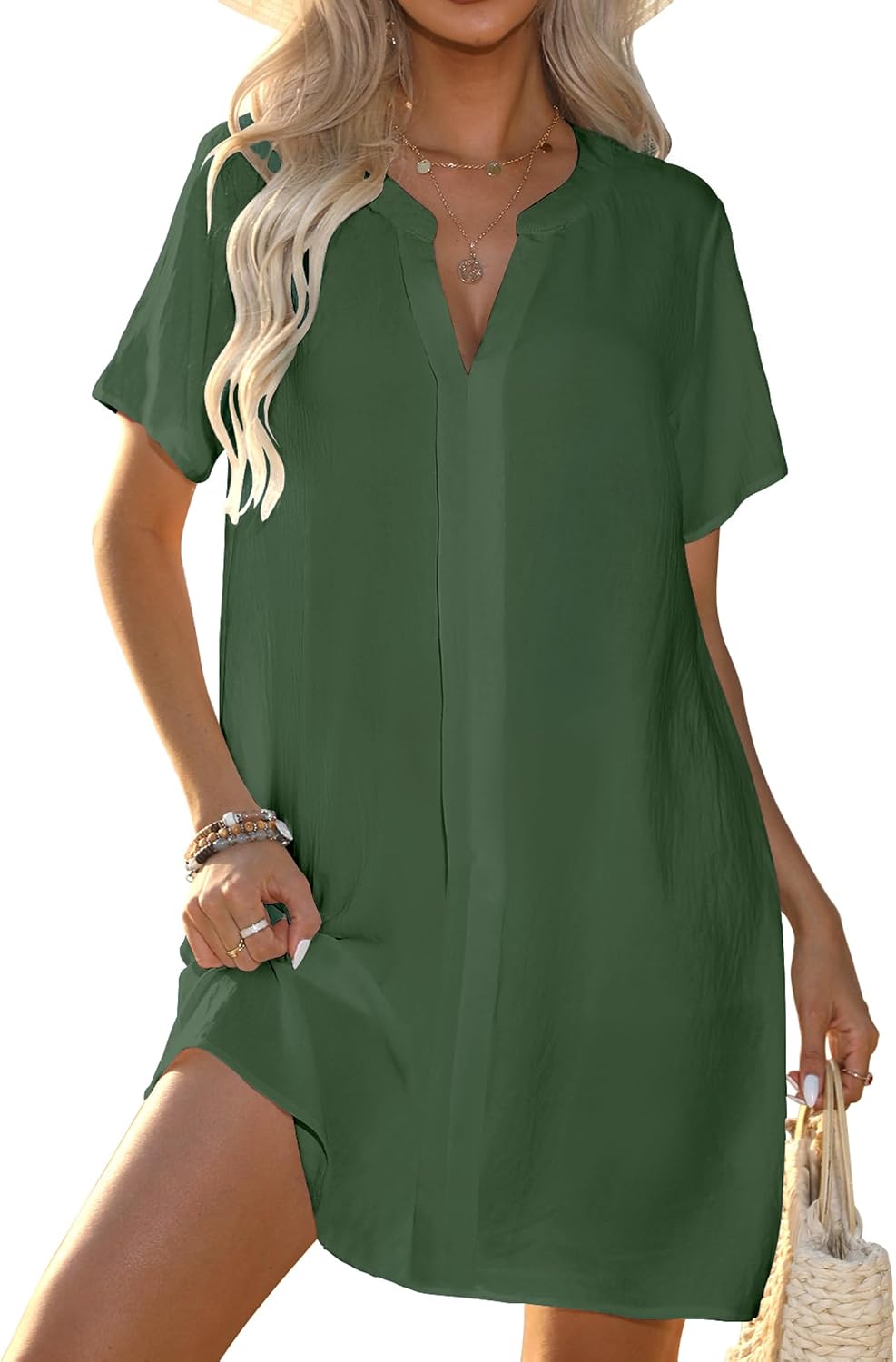 Women's Flowy V-Neck Beach Cover-Up - Short Sleeve, Lightweight and Breathable for Resort and Vacation Wear - Medium
