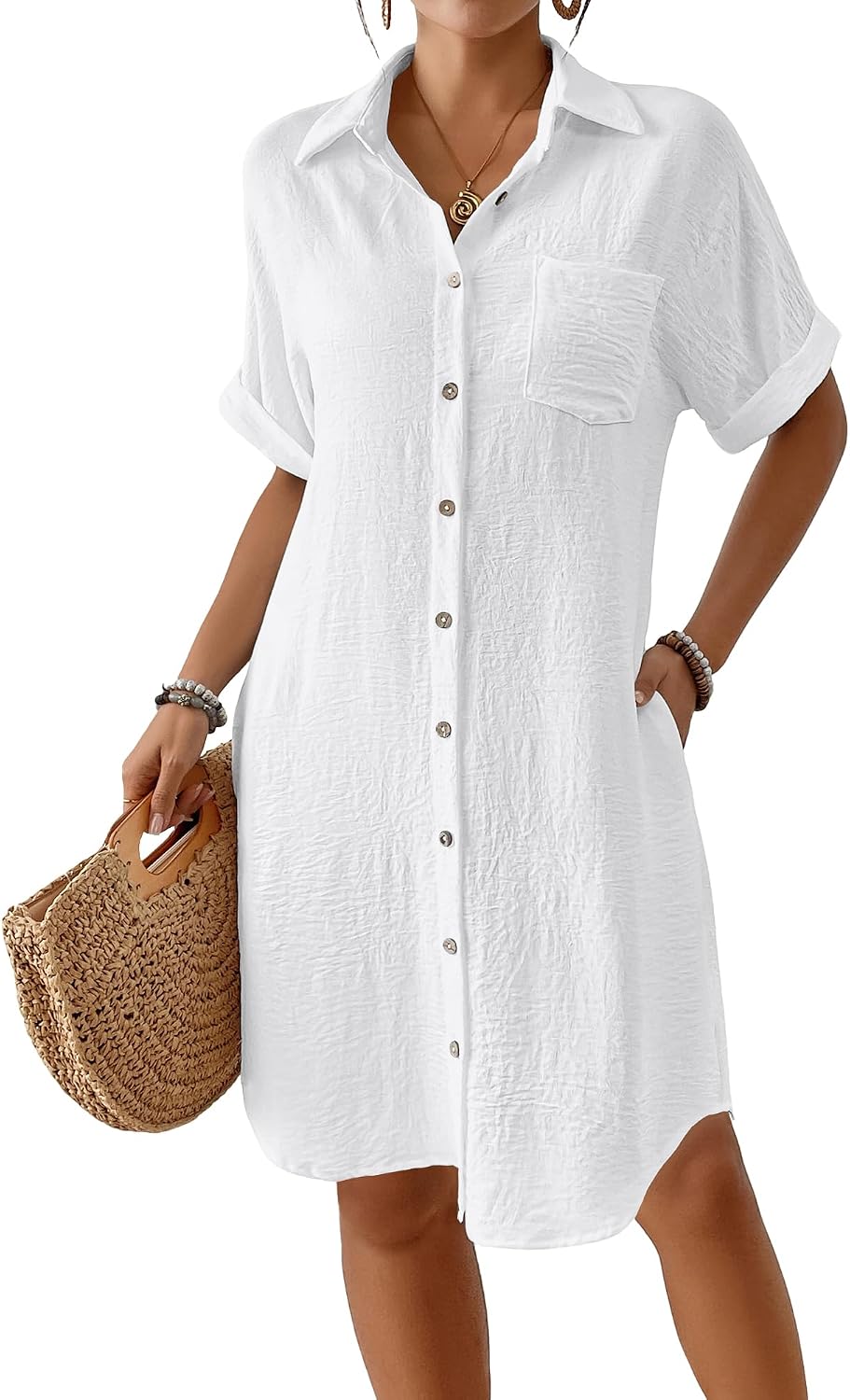 Women's Knee Length Beach Shirt Dress - Short Sleeve Button Down Cover-Up with Pockets for Vacations - Small