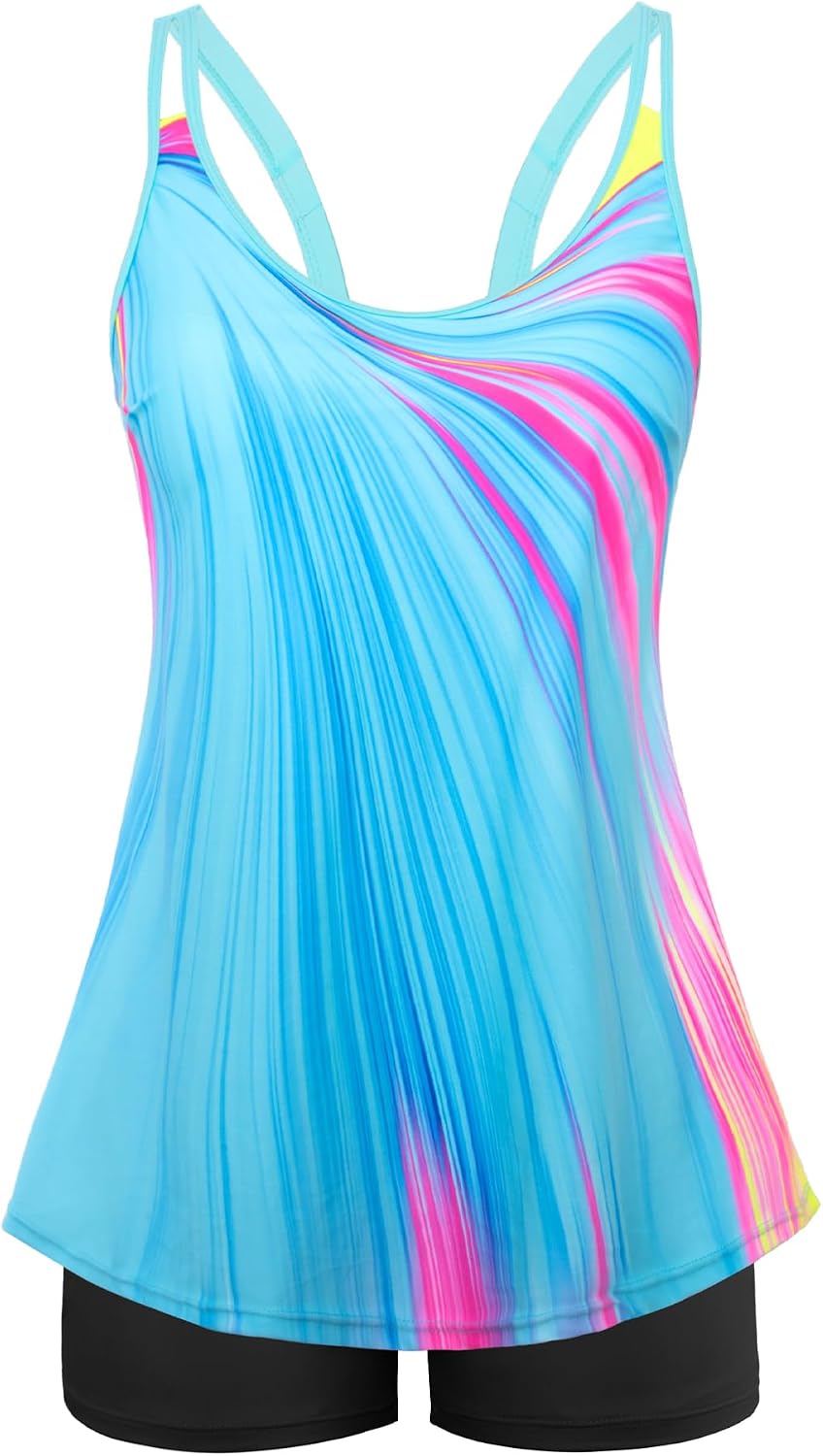Women's Flowy Tankini Set - Scoop Neck Top with Removable Pads and High Waisted Bottoms for Modest Swims - Large