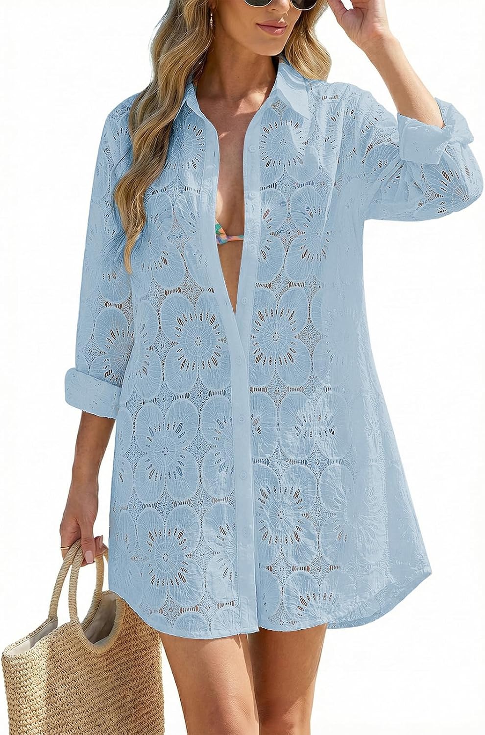 Women's Eyelet Beach Shirt Dress - Long Sleeve Button Down Cover-Up in Prints and Solids for Resort Days - Beige (9)