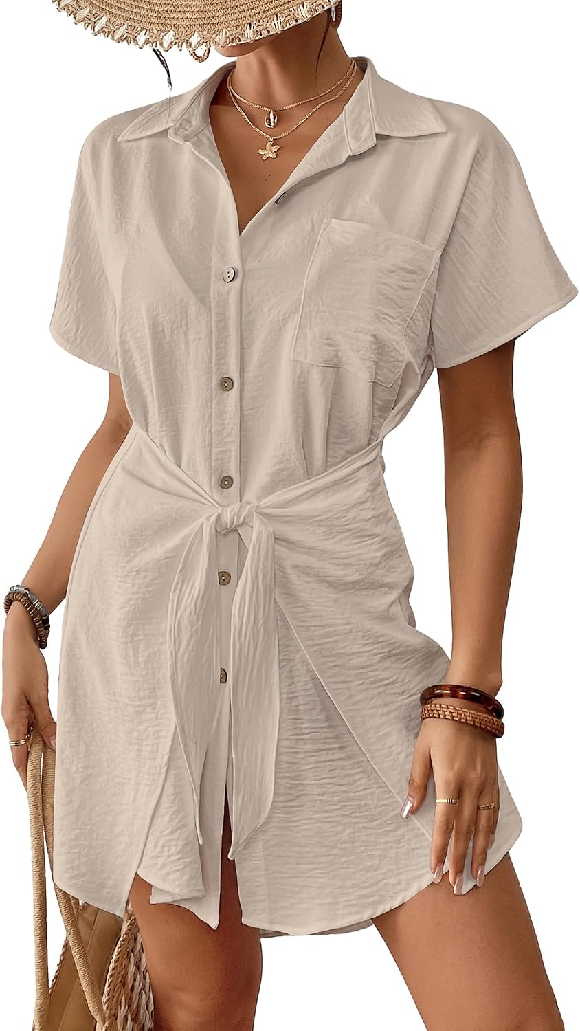 Women's Tie Front Beach Shirt Dress - Short Sleeve Button Down with Chest Pocket and High Low Hem - Small
