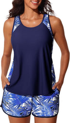 Women's Blouson Tankini Swimsuit - Tummy Control Top with Removable Pads and Swim Shorts with Pockets - Coconut Tree on 
