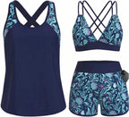 Women's 3 Piece Tankini Swimsuit - Tummy Control Top, High-Waist Boy Shorts and Built-In Brief for Swim Days - Small (16