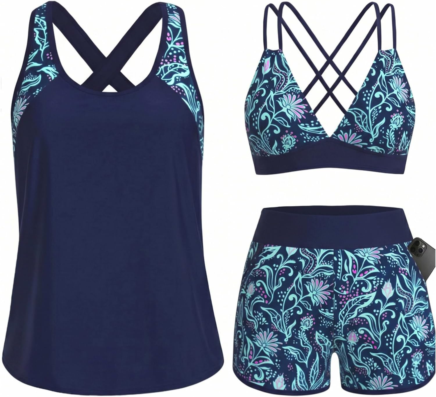 Women's 3 Piece Tankini Swimsuit - Tummy Control Top, High-Waist Boy Shorts and Built-In Brief for Swim Days - Small (16