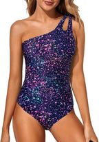 Women's One Shoulder One Piece Swimsuit - Keyhole Front, Ruched Tummy Control and Removable Soft Cups - Black
