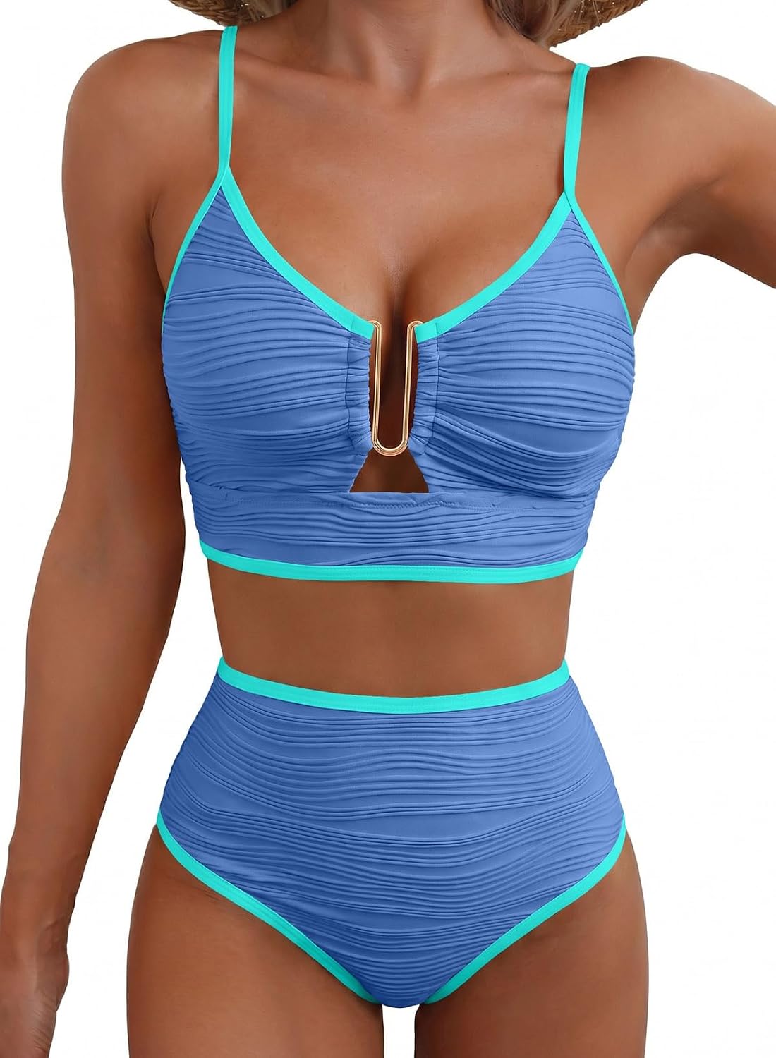 Women's Textured Bikini Set - U Wire Top with Adjustable Straps and High Rise Cutout Bottoms for Pool Days - Small
