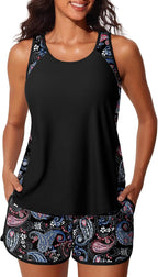 Women's Blouson Tankini Swimsuit - Tummy Control Top with Removable Pads and Swim Shorts with Pockets - Coconut Tree on 