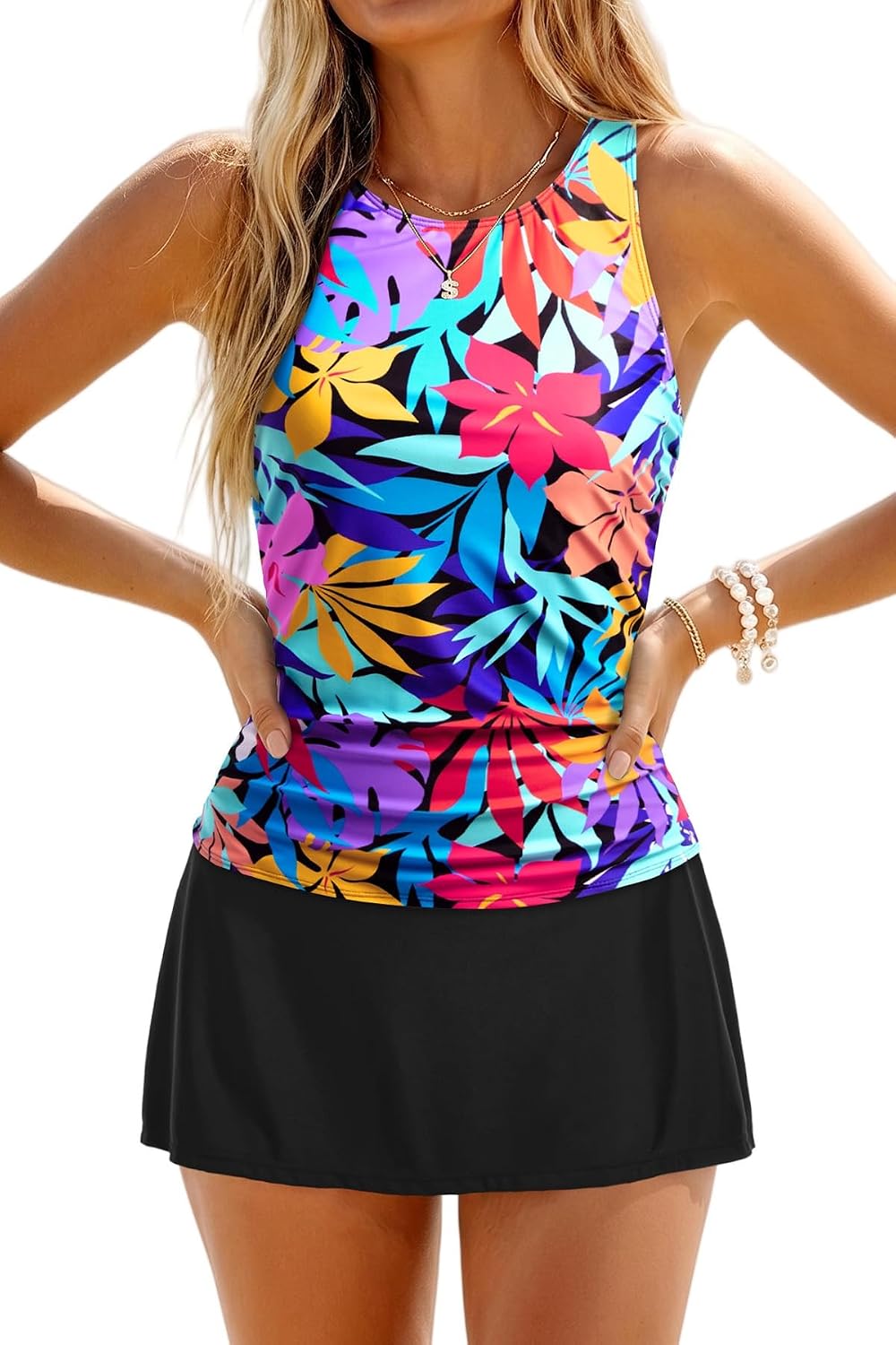 Women's High Neck Tankini with Skirt - Ruched Tummy Control Top, Removable Pads and Built-In Brief - Medium