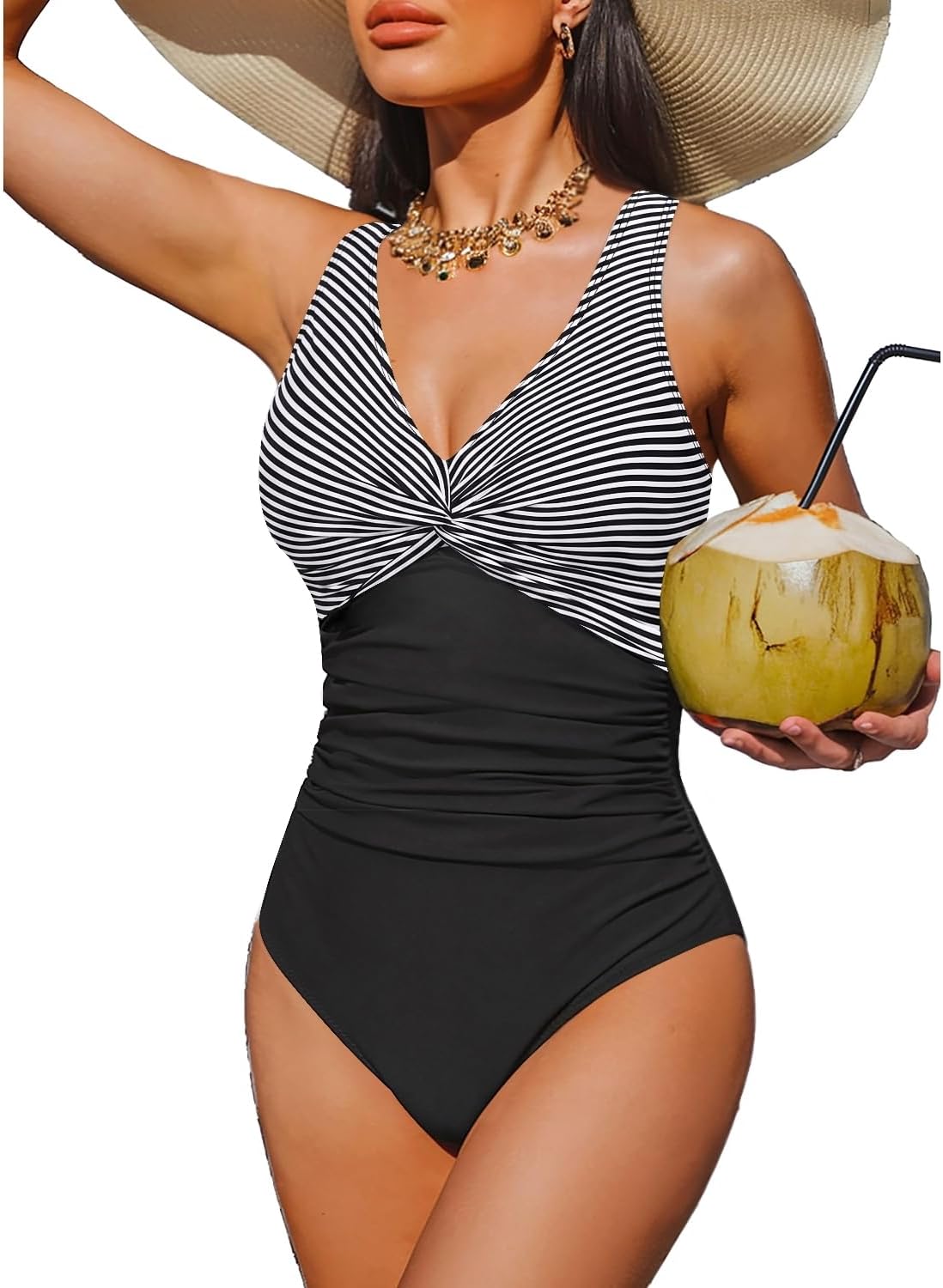 Women's Tummy Control One Piece Swimsuit - V-Neck Twist Front, Removable Pads and Full Coverage for Pool Days - Small (1