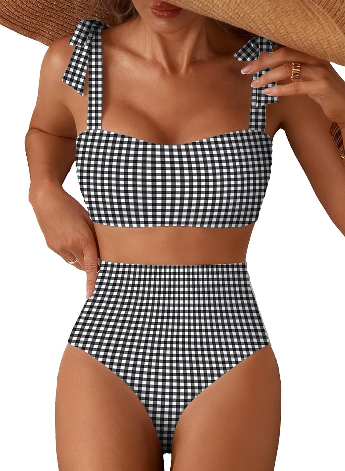 Women's Tie Shoulder Bikini Set - Two Piece with High Waisted Full Coverage Bottoms and Removable Pads - Medium