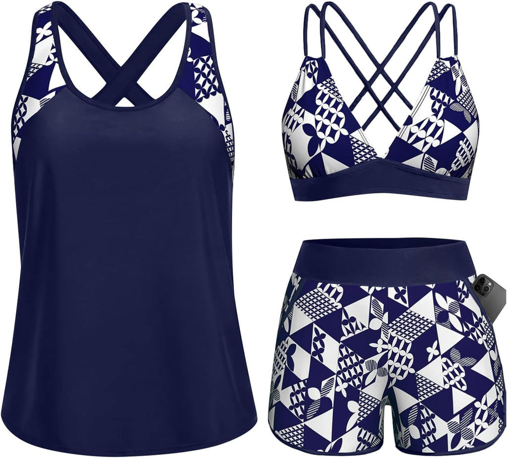 Women's 3 Piece Tankini Swimsuit - Tummy Control Top, High-Waist Boy Shorts and Built-In Brief for Swim Days - Small (17