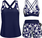 Women's 3 Piece Tankini Swimsuit - Tummy Control Top, High-Waist Boy Shorts and Built-In Brief for Swim Days - Small (17