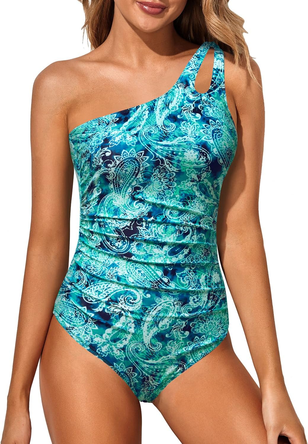 Women's One Shoulder One Piece Swimsuit - Keyhole Front, Ruched Tummy Control and Removable Soft Cups - Blue Tie Dye