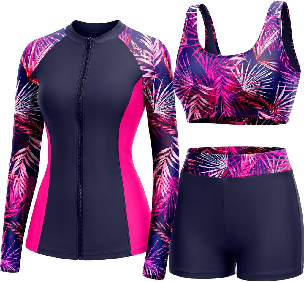 Women's 3 Piece Rash Guard Set - UPF 50+ Long Sleeve Swim Shirt, Built-In Bra Top and Mid Rise Bottoms - Small