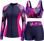 Women's 3 Piece Rash Guard Set - UPF 50+ Long Sleeve Swim Shirt, Built-In Bra Top and Mid Rise Bottoms - Small
