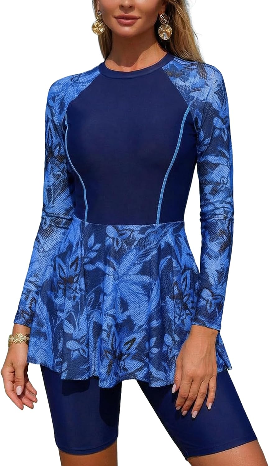 Women's Two Piece Rash Guard Set - Long Sleeve UPF 50+ Swim Dress with Matching Shorts in Floral Print - Small