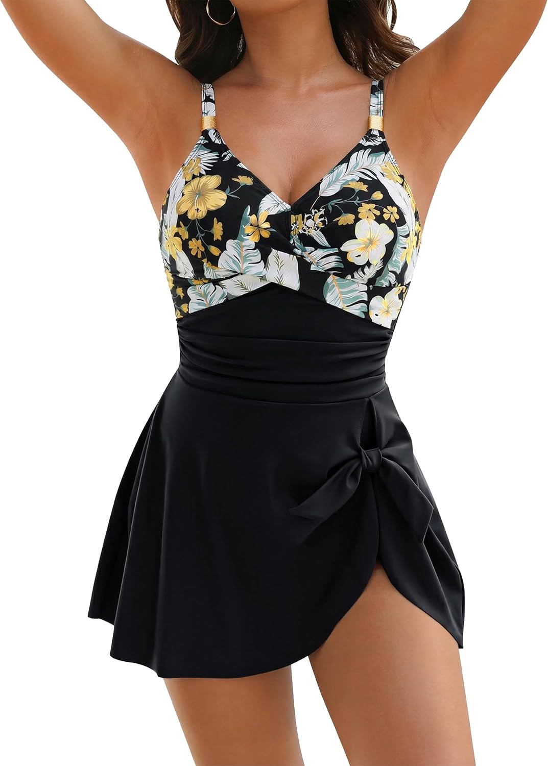 Women's Tummy Control One Piece Swimsuit - V-Neck with Gold Metal Ring, Tie Knot Front and Removable Pads - Large
