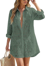 Women's Eyelet Beach Shirt Dress - Long Sleeve Button Down Cover-Up in Prints and Solids for Resort Days - Royal Blue