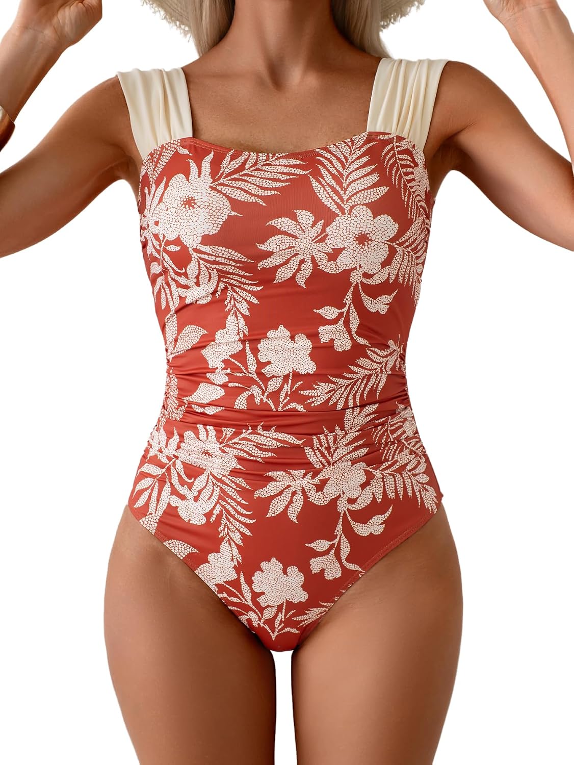 Women's Retro Square Neck One Piece Swimsuit - Ruched Tummy Control, Wide Straps and Tie Back Closure - Medium