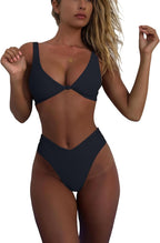 Women's Knot Front Bikini Set - Push Up V-Neck Top with High Leg Thong Bottoms for Beach and Pool - American Flag