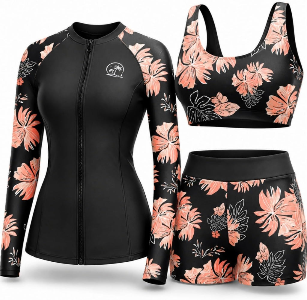 Women's 3 Piece Rash Guard Set - UPF 50+ Long Sleeve Swim Shirt, Built-In Bra Top and Mid Rise Bottoms - Small