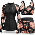 Women's 3 Piece Rash Guard Set - UPF 50+ Long Sleeve Swim Shirt, Built-In Bra Top and Mid Rise Bottoms - Small