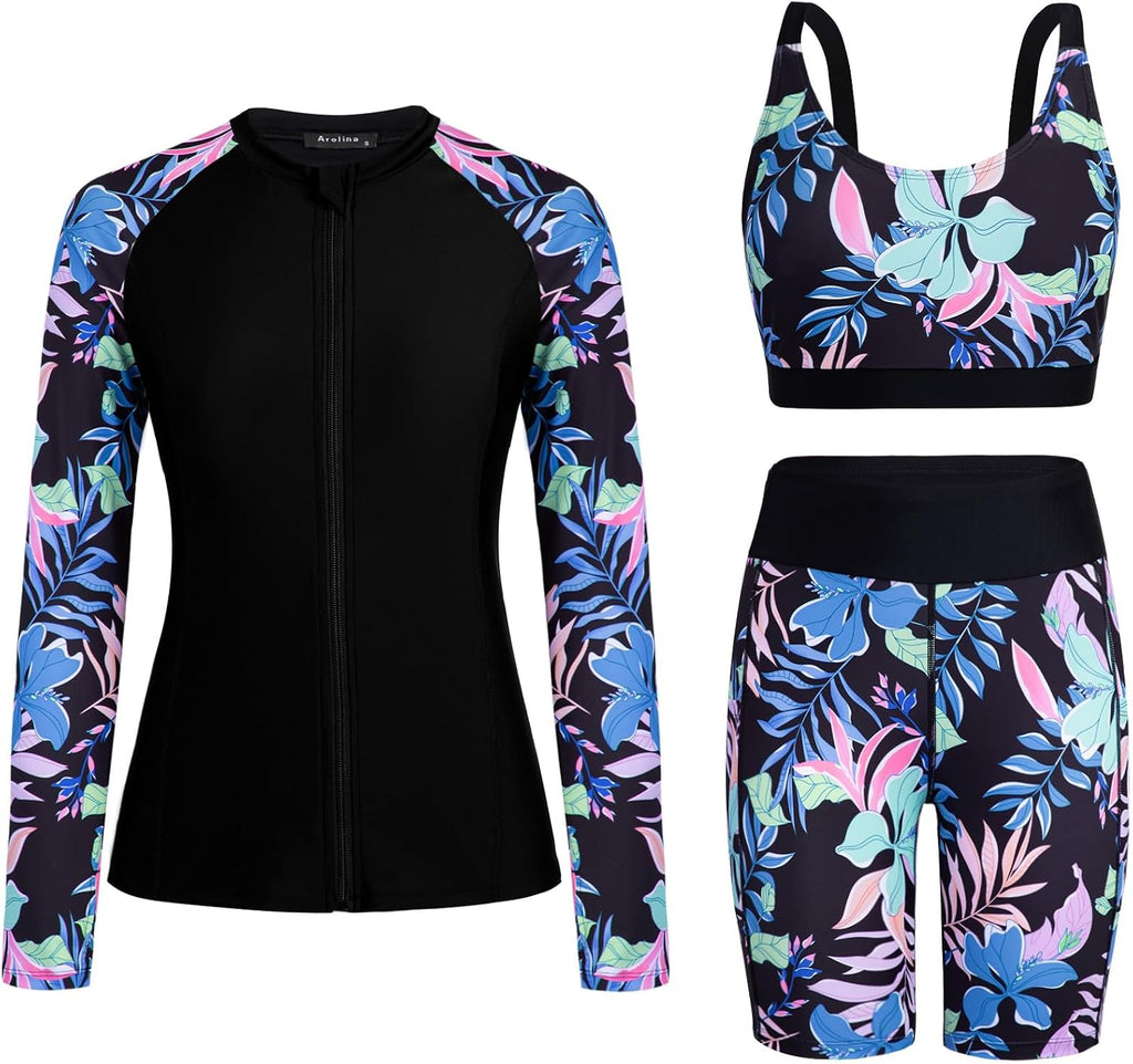 Women's Long Sleeve Rash Guard Set - Swim Shirt with Matching Shorts and Two Pockets for Beach and Pool - Green Coconut 