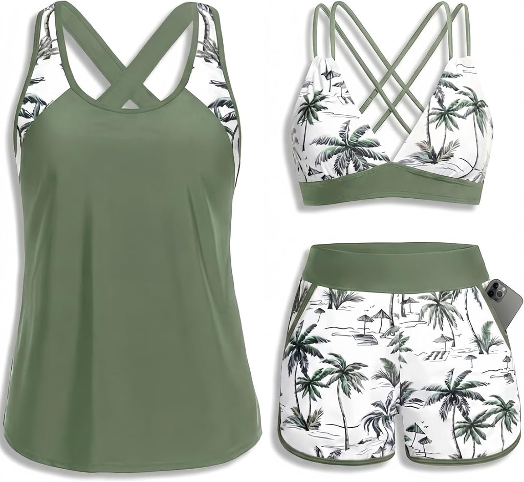 Women's 3 Piece Tankini Swimsuit - Tummy Control Top, High-Waist Boy Shorts and Built-In Brief for Swim Days - XX-Small