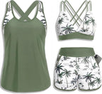 Women's 3 Piece Tankini Swimsuit - Tummy Control Top, High-Waist Boy Shorts and Built-In Brief for Swim Days - XX-Small
