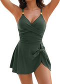 Women's Tummy Control One Piece Swimsuit - V-Neck with Gold Metal Ring, Tie Knot Front and Removable Pads - Small