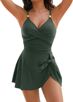 Women's Tummy Control One Piece Swimsuit - V-Neck with Gold Metal Ring, Tie Knot Front and Removable Pads - Small