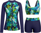 Women's 3 Piece Rash Guard Set - UPF 50+ Long Sleeve Swim Shirt, Built-In Bra Top and Mid Rise Bottoms - Small