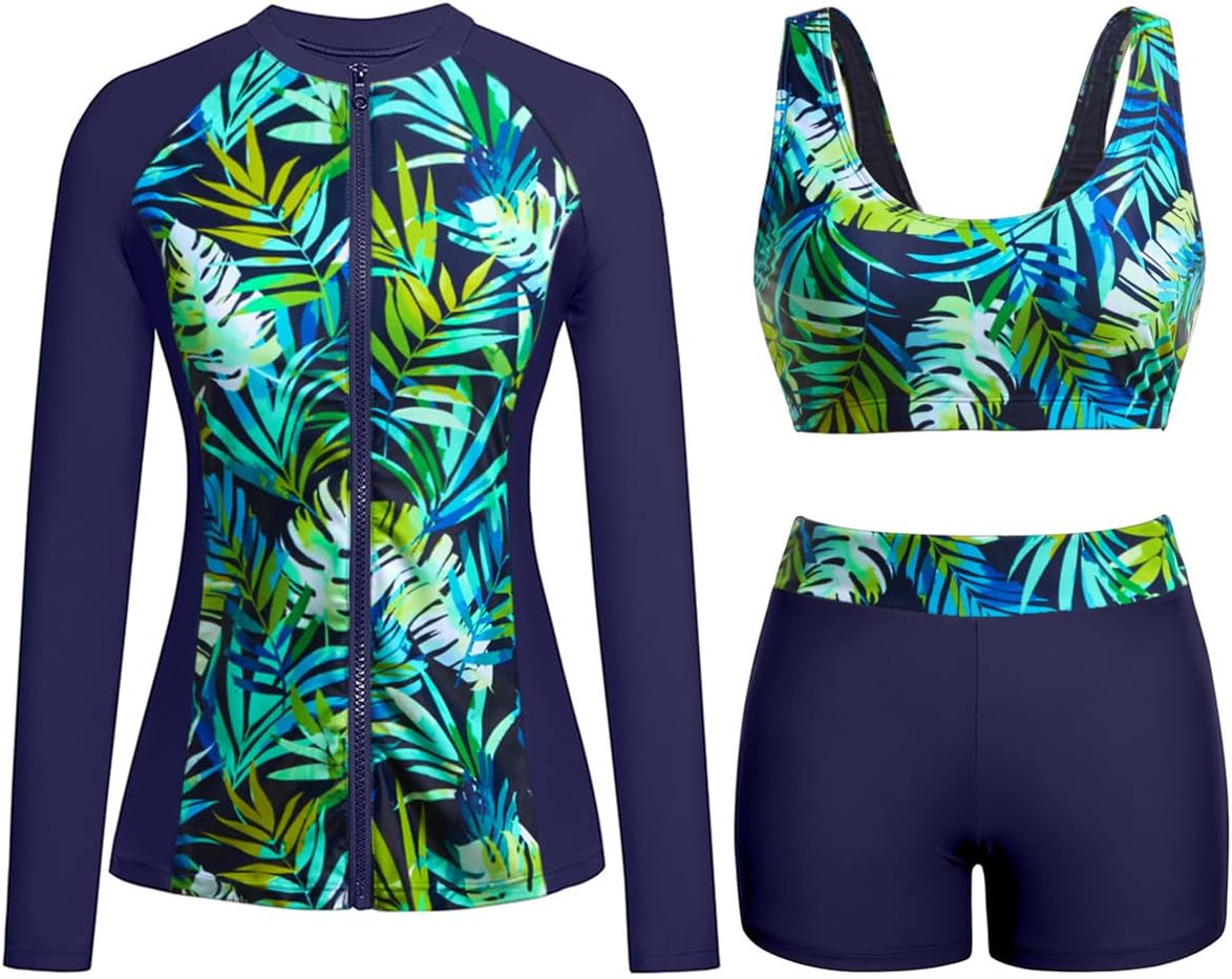 Women's 3 Piece Rash Guard Set - UPF 50+ Long Sleeve Swim Shirt, Built-In Bra Top and Mid Rise Bottoms - Small