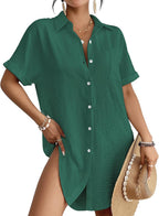 Women's Button Down Beach Shirt Dress - Relaxed Cover-Up in Stripes, Jacquard and Solids for Vacations - Haze Blue (26)
