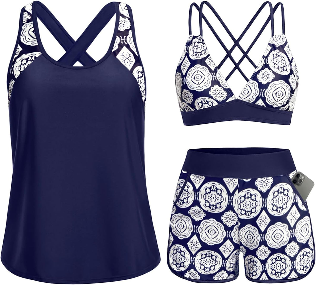 Women's 3 Piece Tankini Swimsuit - Tummy Control Top, High-Waist Boy Shorts and Built-In Brief for Swim Days - Small