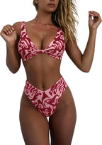 Women's Knot Front Bikini Set - Push Up V-Neck Top with High Leg Thong Bottoms for Beach and Pool - Brown Polka Dot (17)