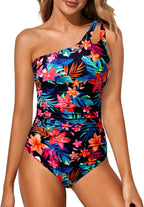 Women's One Shoulder One Piece Swimsuit - Keyhole Front, Ruched Tummy Control and Removable Soft Cups - Blue Tie Dye