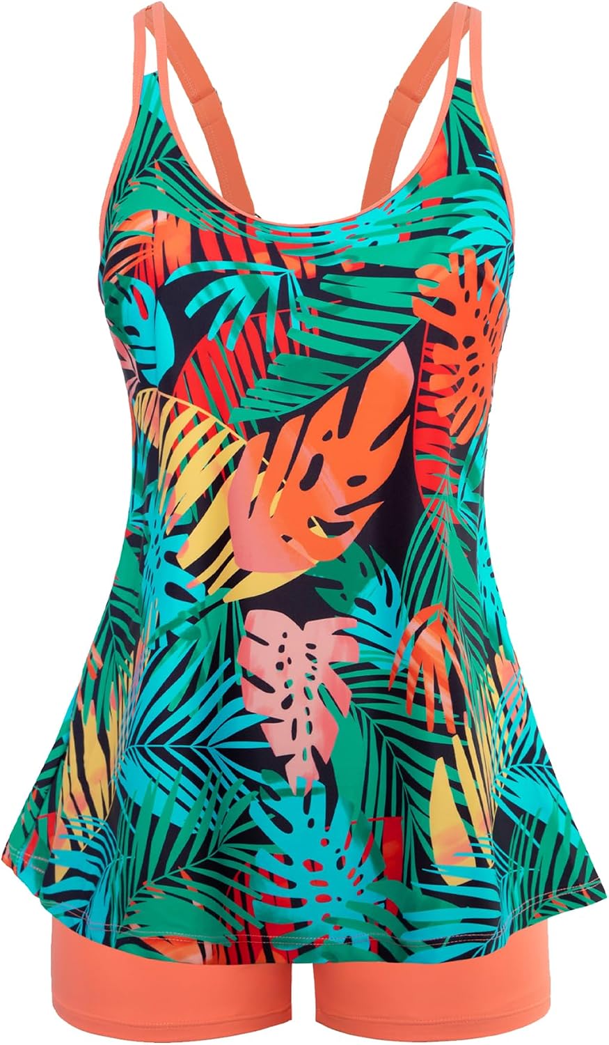 Women's Flowy Tankini Set - Scoop Neck Top with Removable Pads and High Waisted Bottoms for Modest Swims - Large
