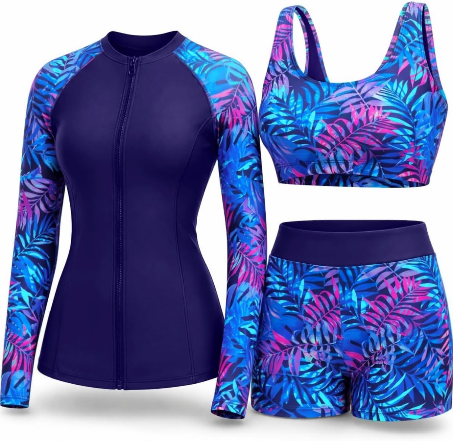 Women's 3 Piece Rash Guard Set - UPF 50+ Long Sleeve Swim Shirt, Built-In Bra Top and Mid Rise Bottoms - Small (19)