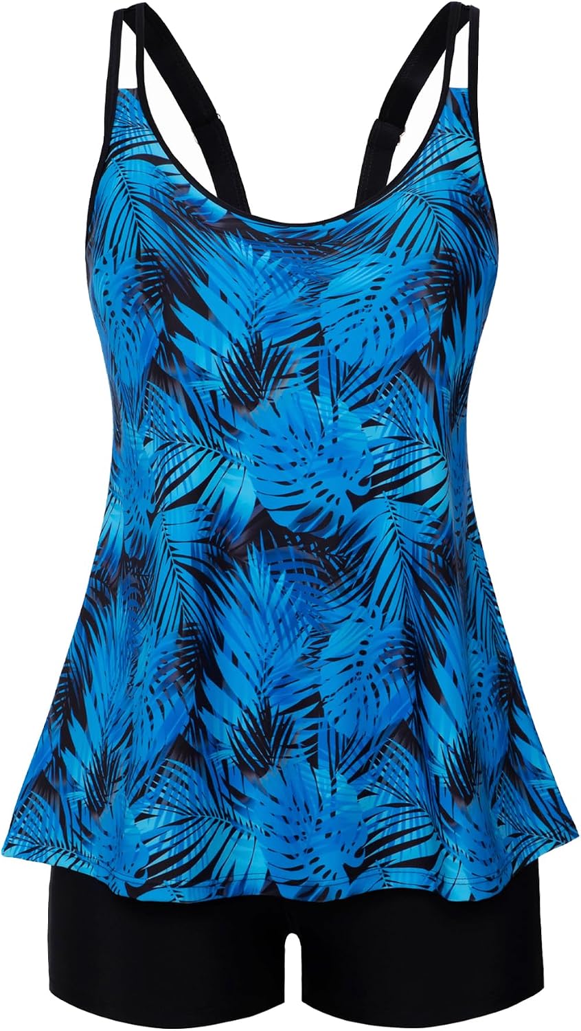 Women's Flowy Tankini Set - Scoop Neck Top with Removable Pads and High Waisted Bottoms for Modest Swims - Large