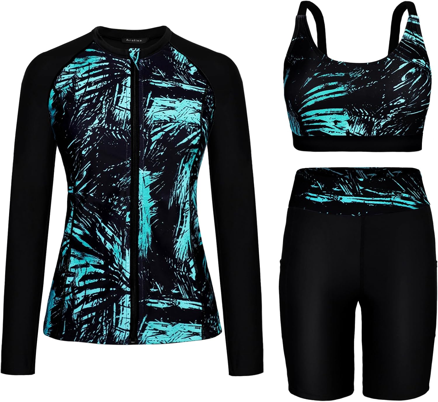 Women's Long Sleeve Rash Guard Set - Swim Shirt with Matching Shorts and Two Pockets for Beach and Pool - Black